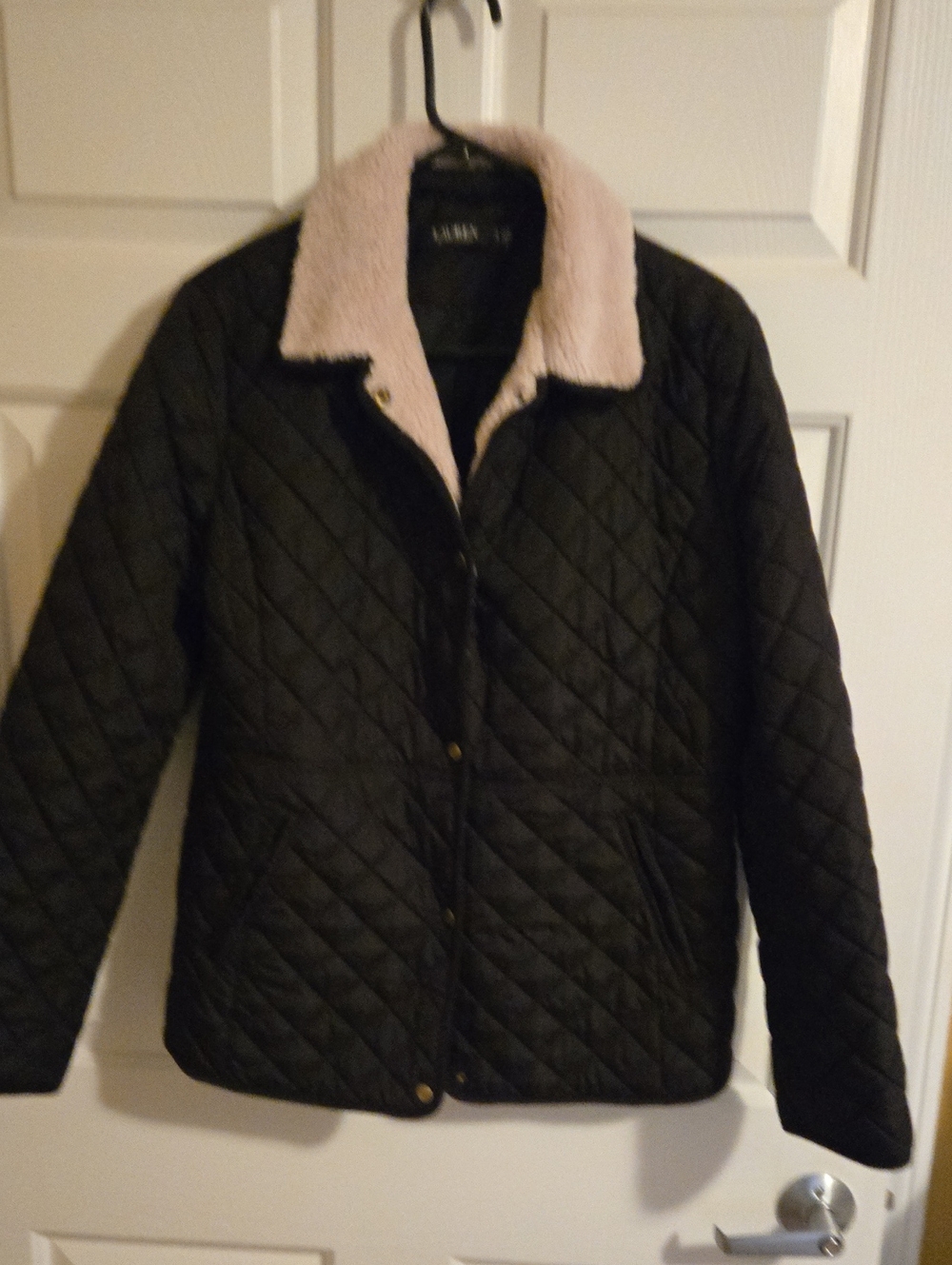 RALPH LAUREN Quilted Black Jacket w/ Sherpa Collar, Snap Front. Large.